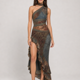 Vestido longo estampado de um ombro só com fenda – Eudoxie – cinza 03 diagonal