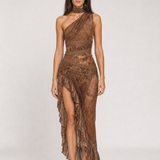 Vestido longo estampado de um ombro só com fenda – Eudoxie – marrom 01 frontal