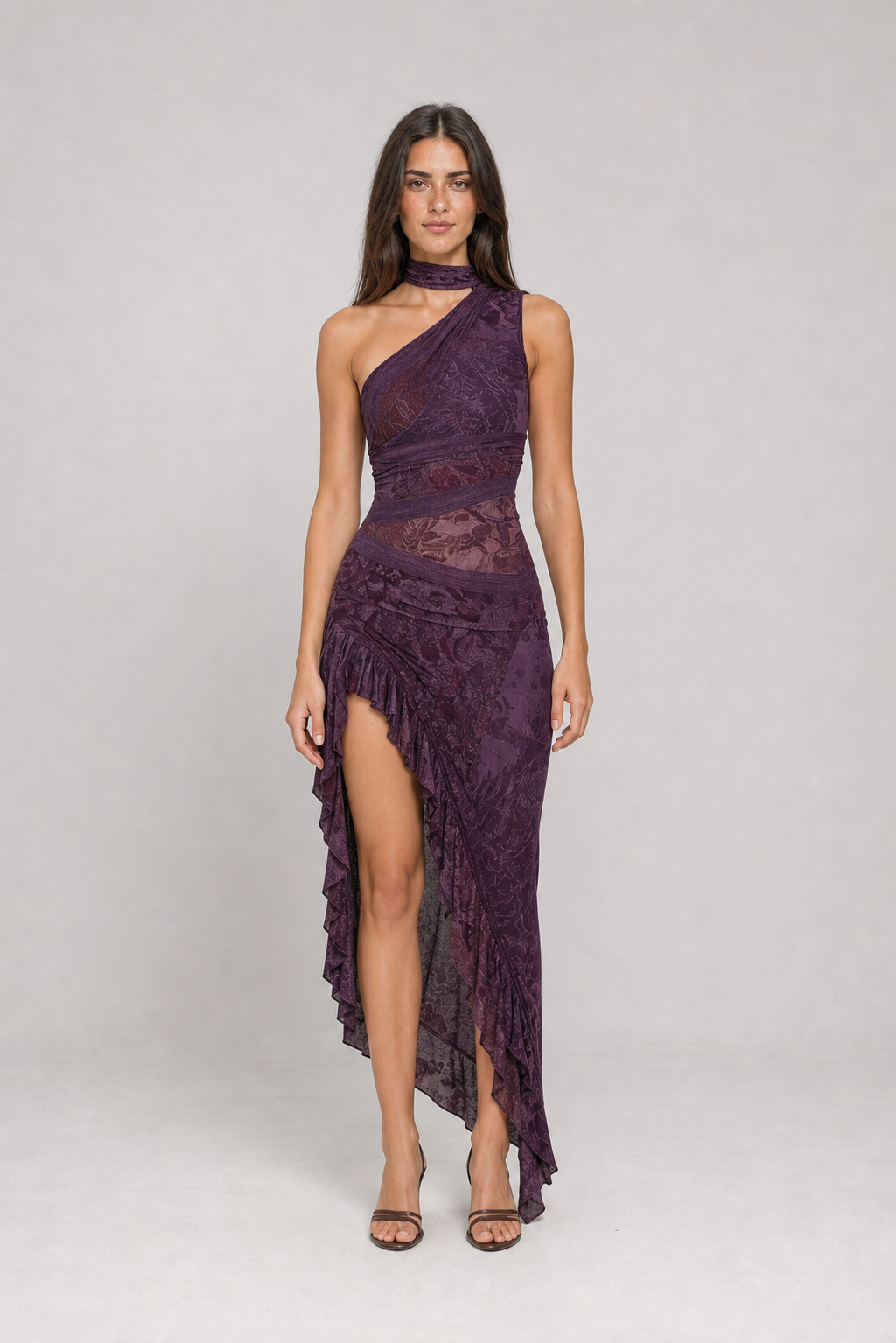 Vestido longo estampado de um ombro só com fenda – Eudoxie – roxo 01 frontal