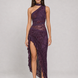 Vestido longo estampado de um ombro só com fenda – Eudoxie – roxo 01 frontal