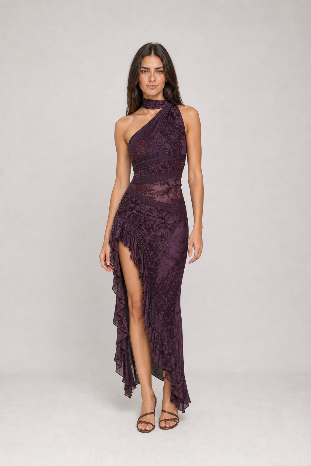 Vestido longo estampado de um ombro só com fenda – Eudoxie – roxo 02 diagonal