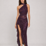 Vestido longo estampado de um ombro só com fenda – Eudoxie – roxo 02 diagonal