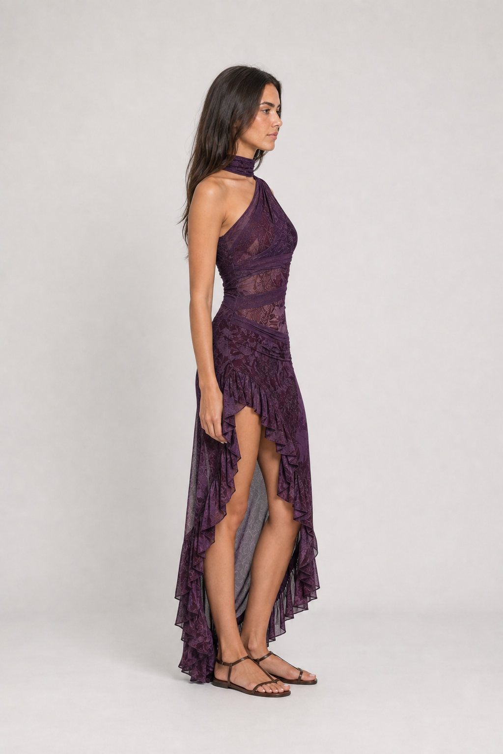 Vestido longo estampado de um ombro só com fenda – Eudoxie – roxo 03 lateral