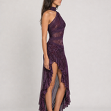 Vestido longo estampado de um ombro só com fenda – Eudoxie – roxo 03 lateral