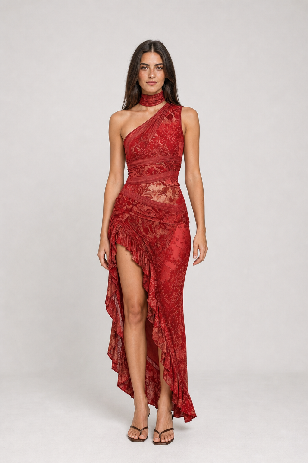 Vestido longo estampado de um ombro só com fenda – Eudoxie – vermelho 01 frontal