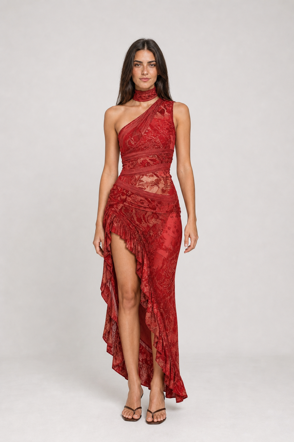 Vestido longo estampado de um ombro só com fenda – Eudoxie – vermelho 01 frontal