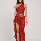 Vestido longo estampado de um ombro só com fenda – Eudoxie – vermelho 01 frontal