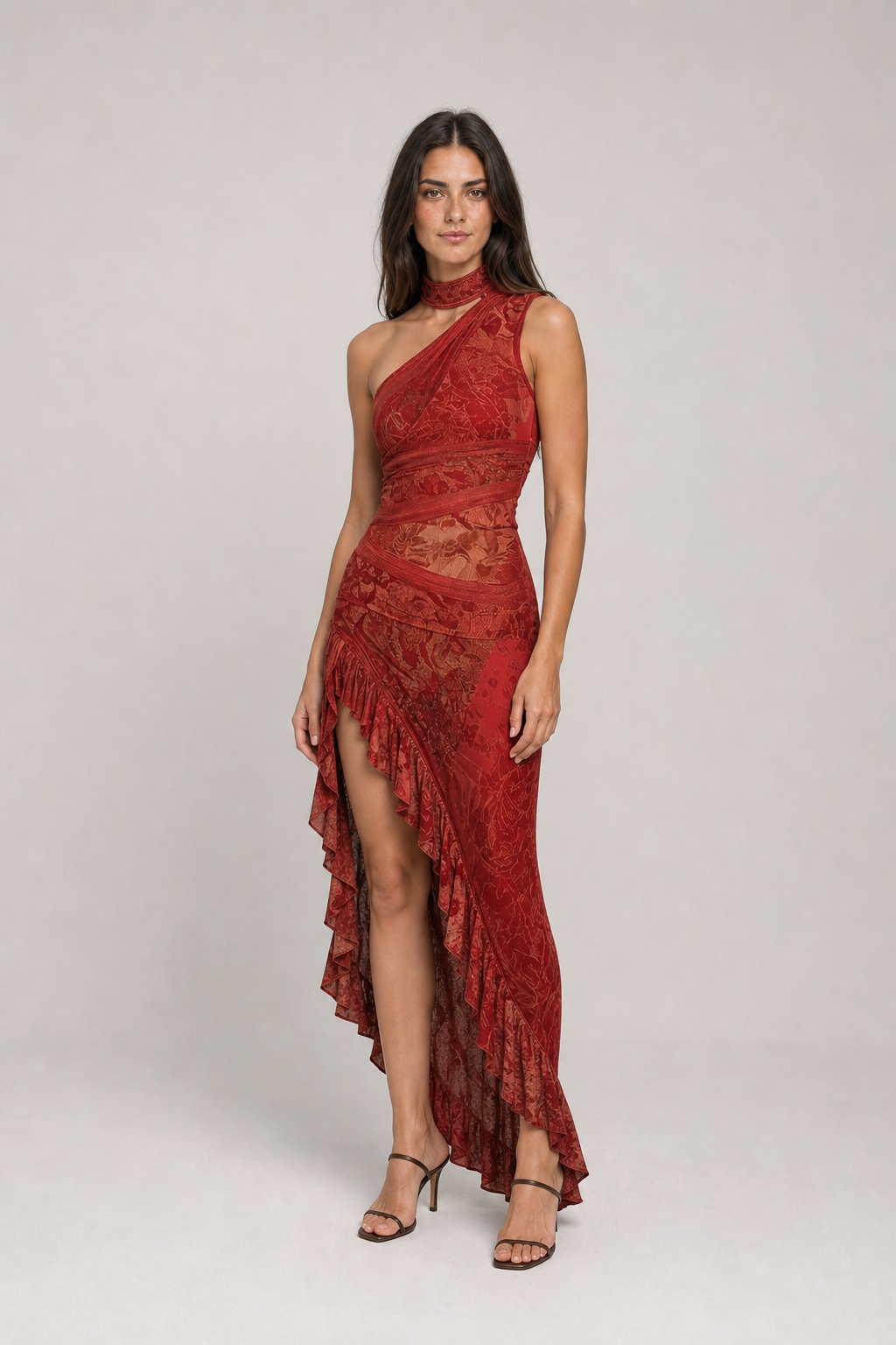 Vestido longo estampado de um ombro só com fenda – Eudoxie – vermelho 02 diagonal