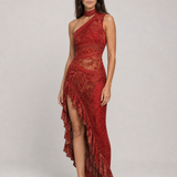 Vestido longo estampado de um ombro só com fenda – Eudoxie – vermelho 02 diagonal