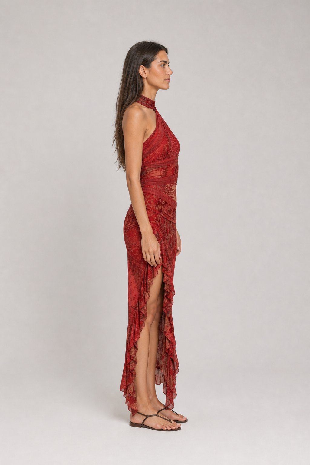 Vestido longo estampado de um ombro só com fenda – Eudoxie – vermelho 03 lateral