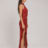Vestido longo estampado de um ombro só com fenda – Eudoxie – vermelho 03 lateral