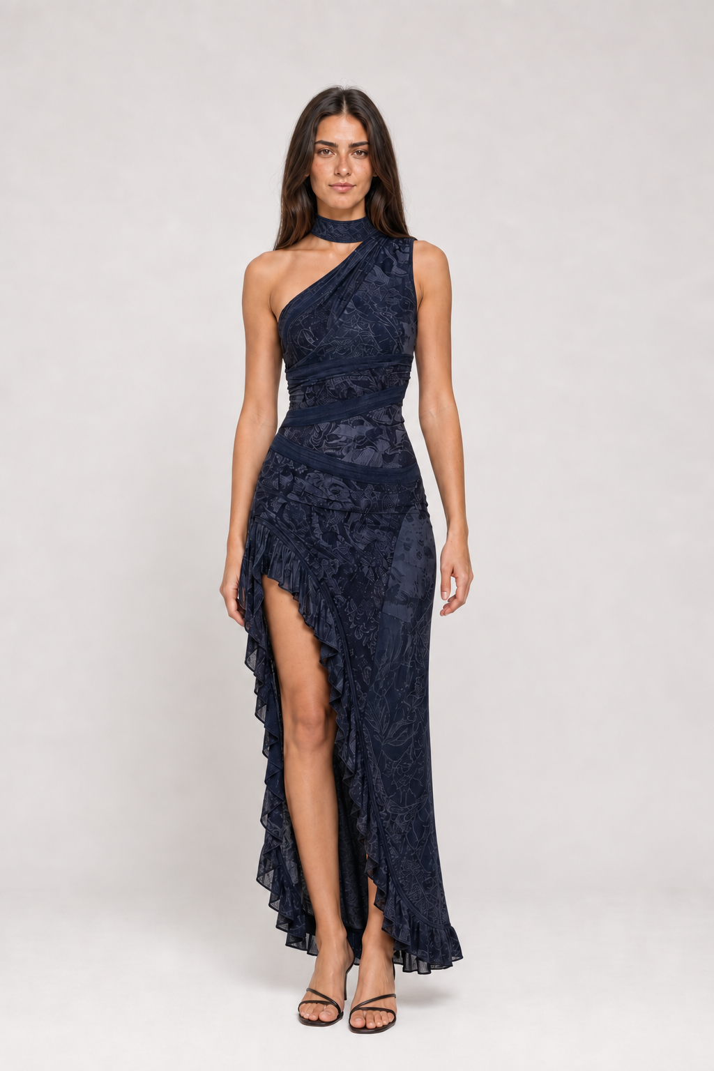 Vestido longo estampado de um ombro só Eudoxie azul escuro – vista frontal com gola-faixa integrada