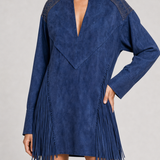 Vestido Curto Feminino Boho Chic de Suede com Franjas e Manga Longa – Fauve