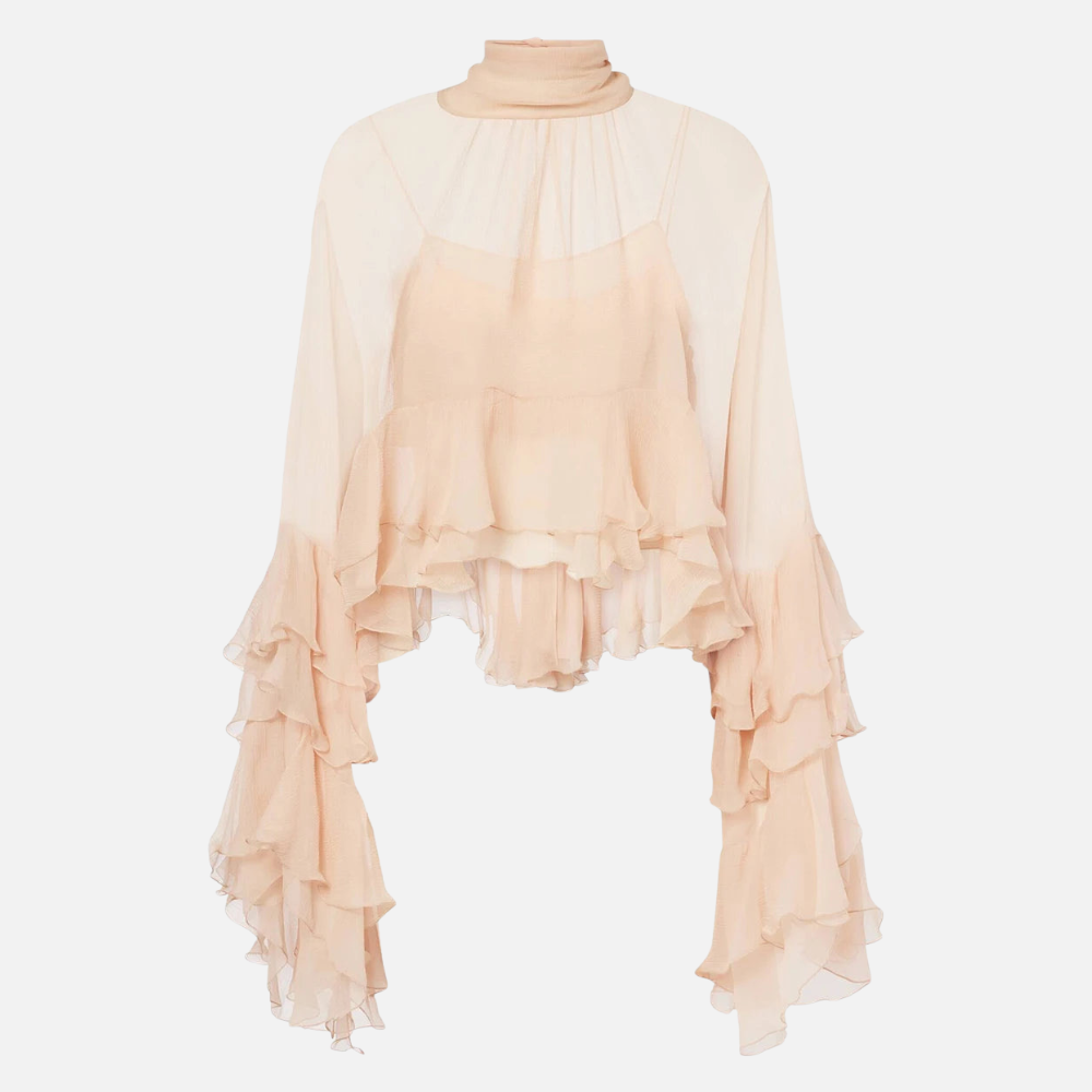 Blusa Feminina Transparente Gola Alta com Mangas Cascata de Babados – Nuvola