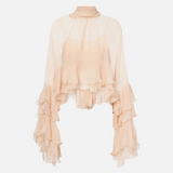 Blusa Feminina Transparente Gola Alta com Mangas Cascata de Babados – Nuvola
