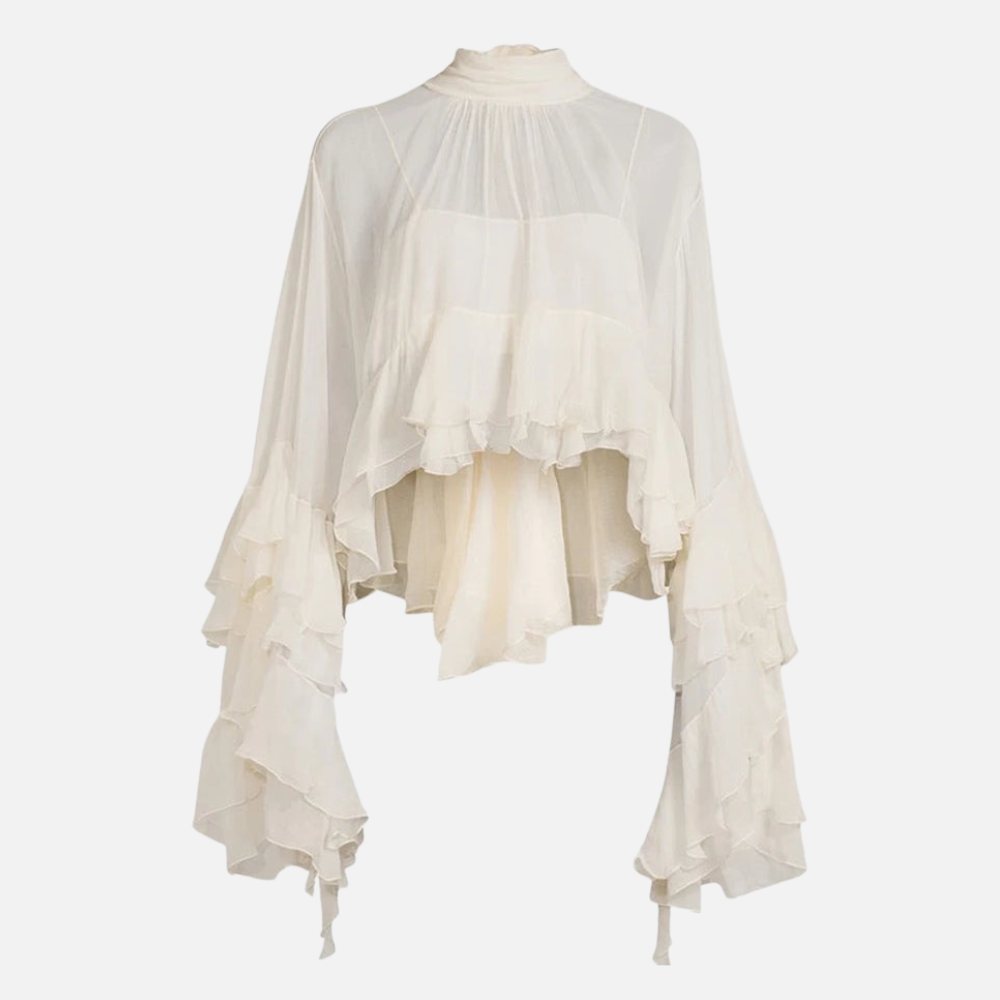 Blusa Feminina Transparente Gola Alta com Mangas Cascata de Babados – Nuvola