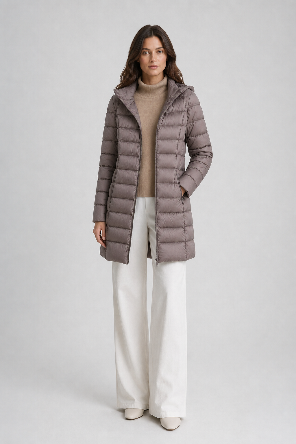 Jaqueta Puffer Pafett taupe – modelo VIEUX vista frontal