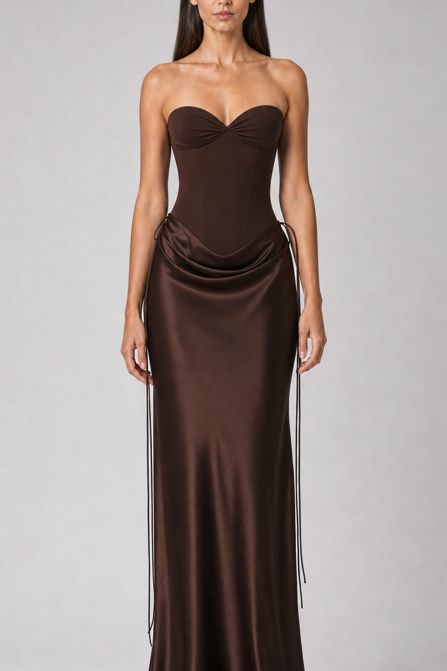 Vestido longo acetinado Maëlys marrom espresso - frente