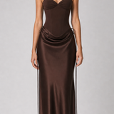 Vestido longo acetinado Maëlys marrom espresso - frente
