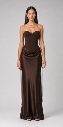 Vestido longo acetinado Maëlys marrom espresso - frente
