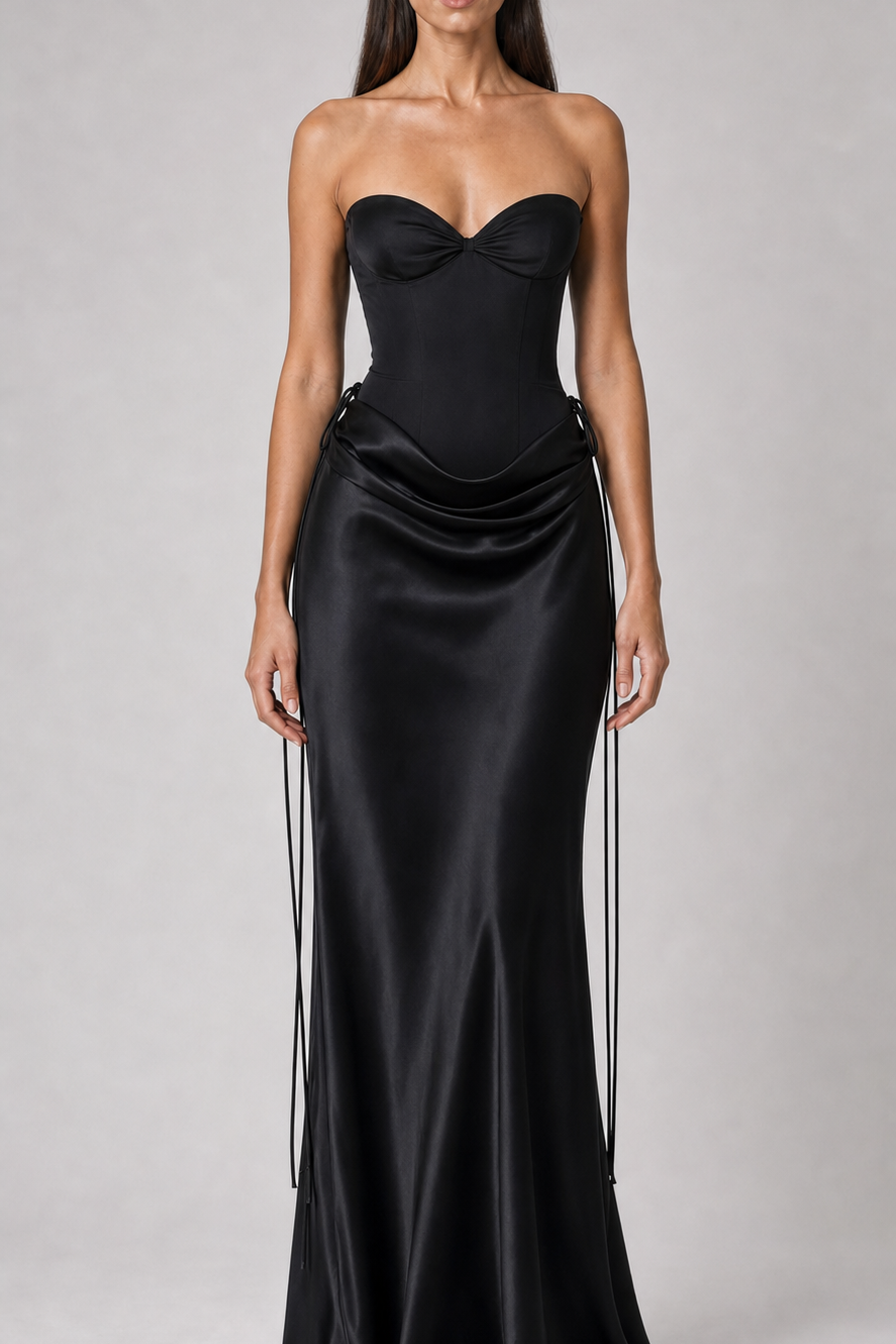 Vestido longo acetinado Maëlys preto - frente
