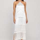 Vestido Montmartre branco com franjas — modelo Primavera VIEUX, frente em estúdio