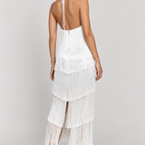 Vestido Montmartre branco com franjas — modelo Primavera VIEUX, costas em estúdio