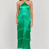 Vestido Montmartre verde com franjas — modelo Primavera VIEUX, frente em estúdio