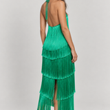 Vestido Montmartre verde com franjas — modelo Primavera VIEUX, costas em estúdio
