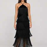 Vestido Montmartre preto com franjas — modelo Primavera VIEUX, frente em estúdio