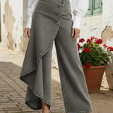 Calça Jeans Pantalona Feminina com Sobressaia Assimétrica e Botões – Romy