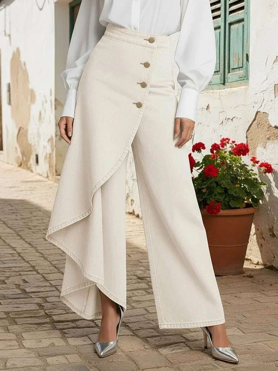 Calça Jeans Pantalona Feminina com Sobressaia Assimétrica e Botões – Romy - VIEUX OFICIAL