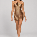 Vestido Perrot dourado com franjas metálicas — modelo Primavera VIEUX — estúdio — foto 3