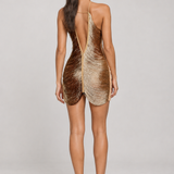 Vestido Perrot dourado com franjas metálicas — modelo Primavera VIEUX — estúdio — foto 4