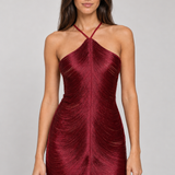 Vestido Perrot vinho com franjas metálicas — modelo Primavera VIEUX — estúdio — foto 15