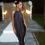 Vestido longo Quitterie azul marinho - detalhe
