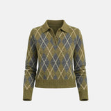 Suéter feminino de tricô com gola polo e estampa xadrez Argyle Ondine VIEUX
