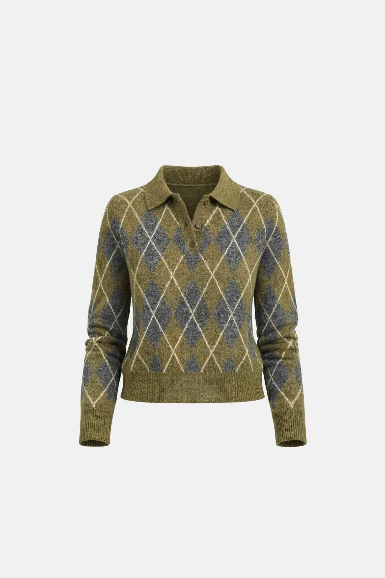 Suéter feminino de tricô com gola polo e estampa xadrez Argyle Ondine VIEUX