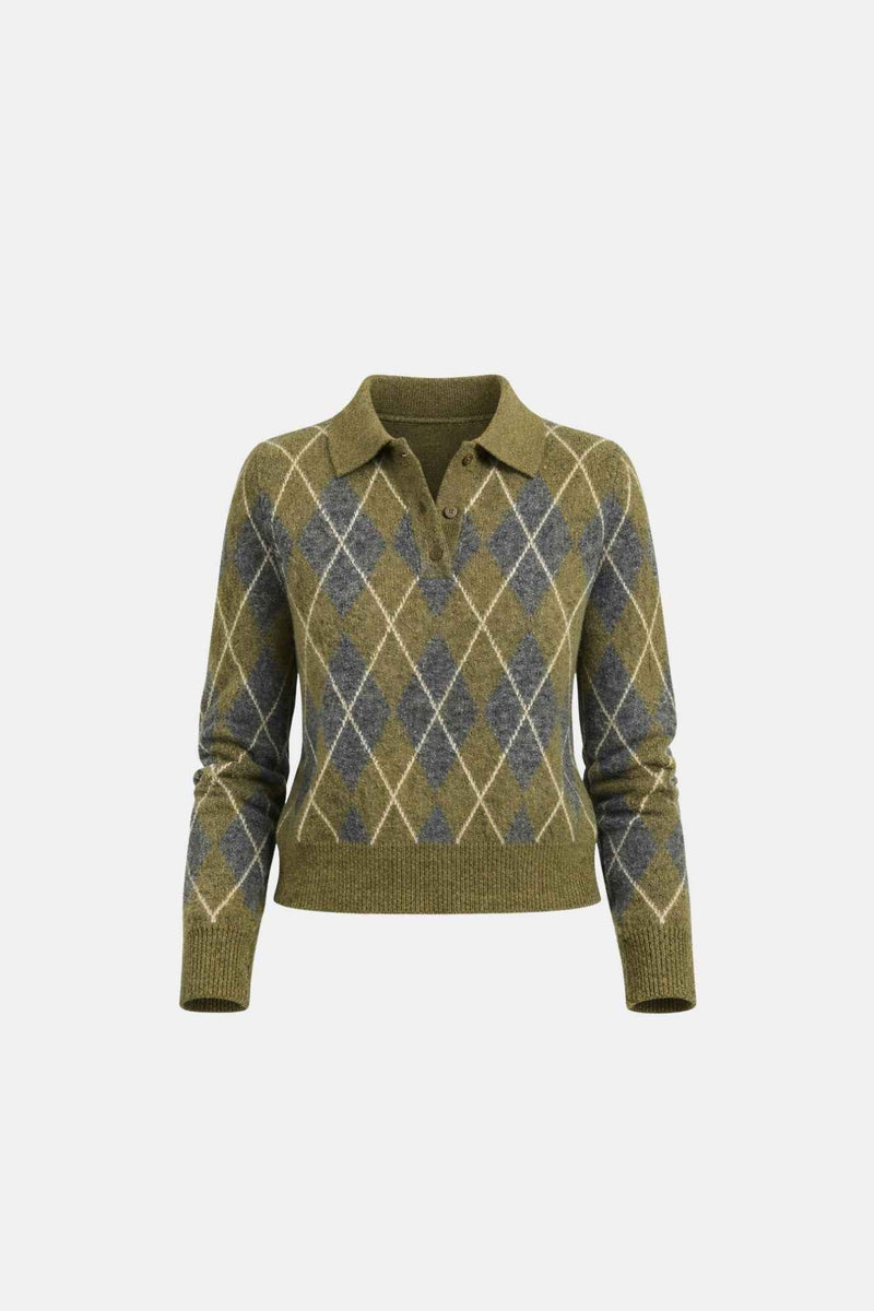 Suéter feminino de tricô com gola polo e estampa xadrez Argyle Ondine VIEUX