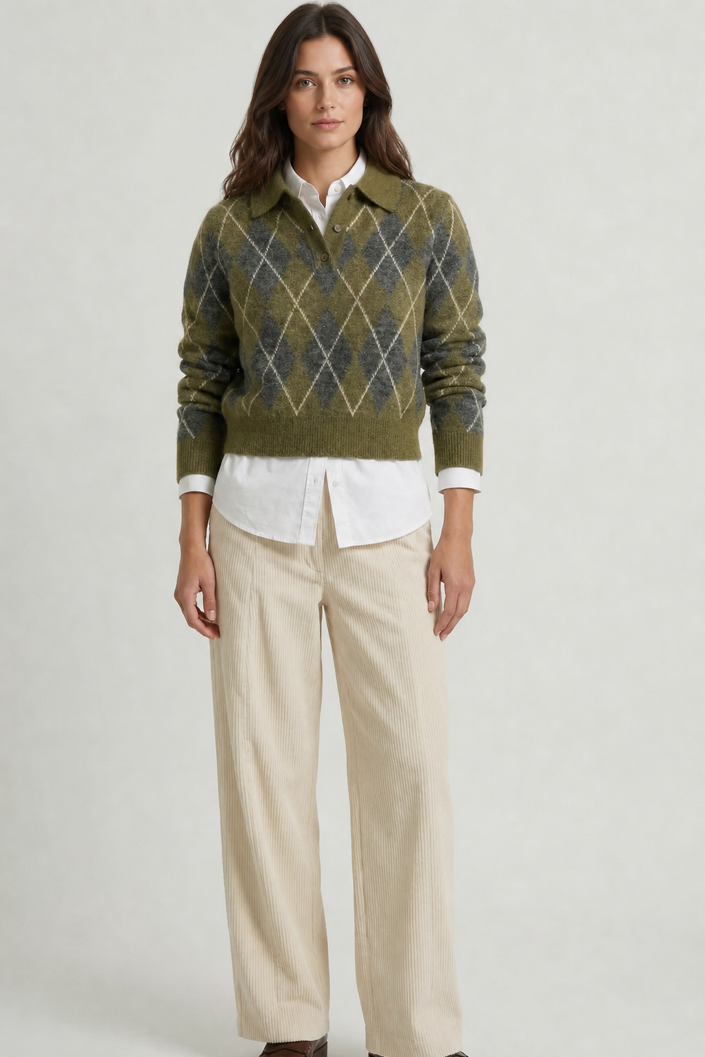 Suéter feminino de tricô gola polo xadrez Argyle Ondine VIEUX - vista frontal