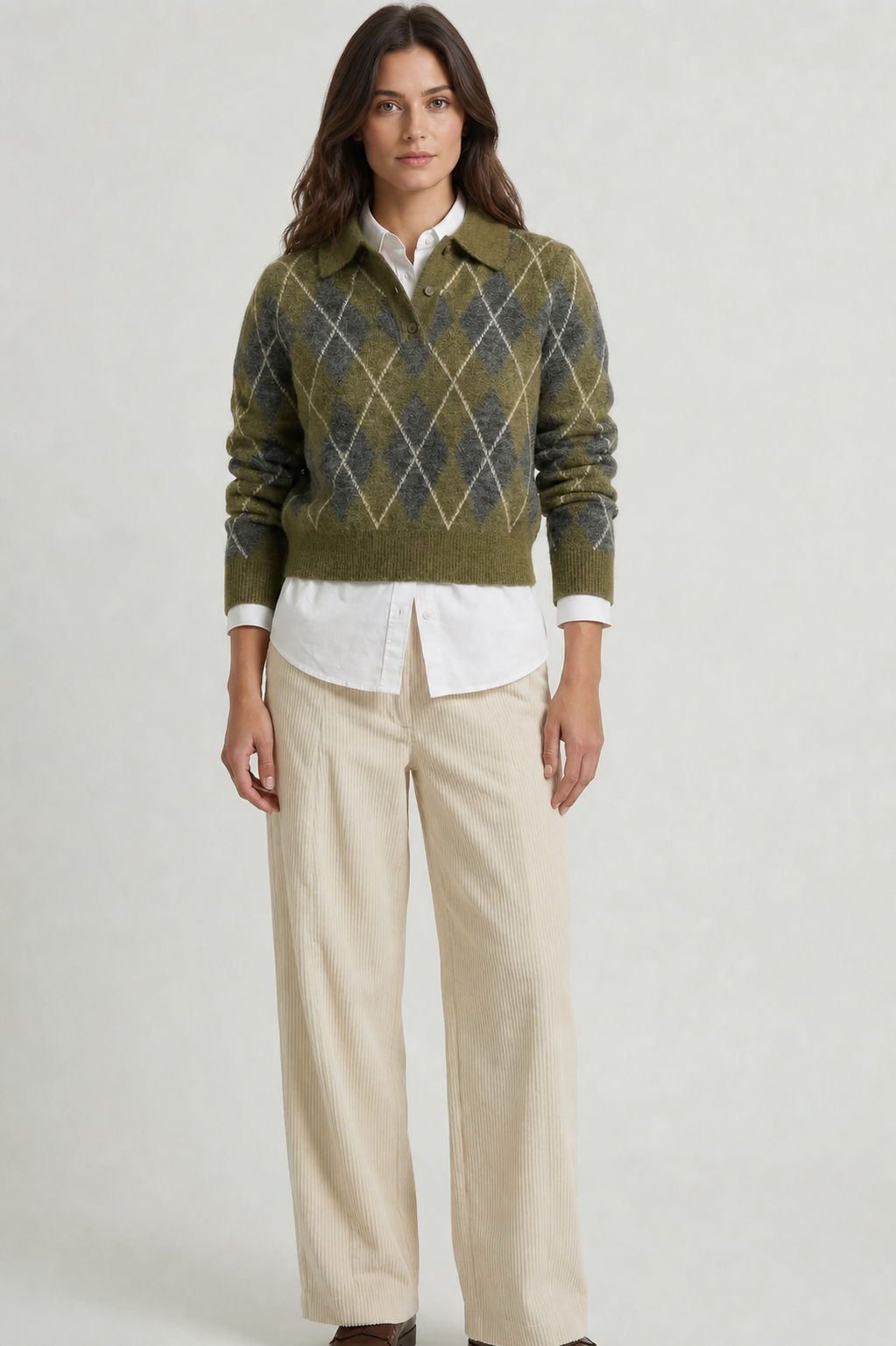 Suéter feminino de tricô gola polo xadrez Argyle Ondine VIEUX - vista frontal