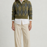 Suéter feminino de tricô gola polo xadrez Argyle Ondine VIEUX - vista frontal