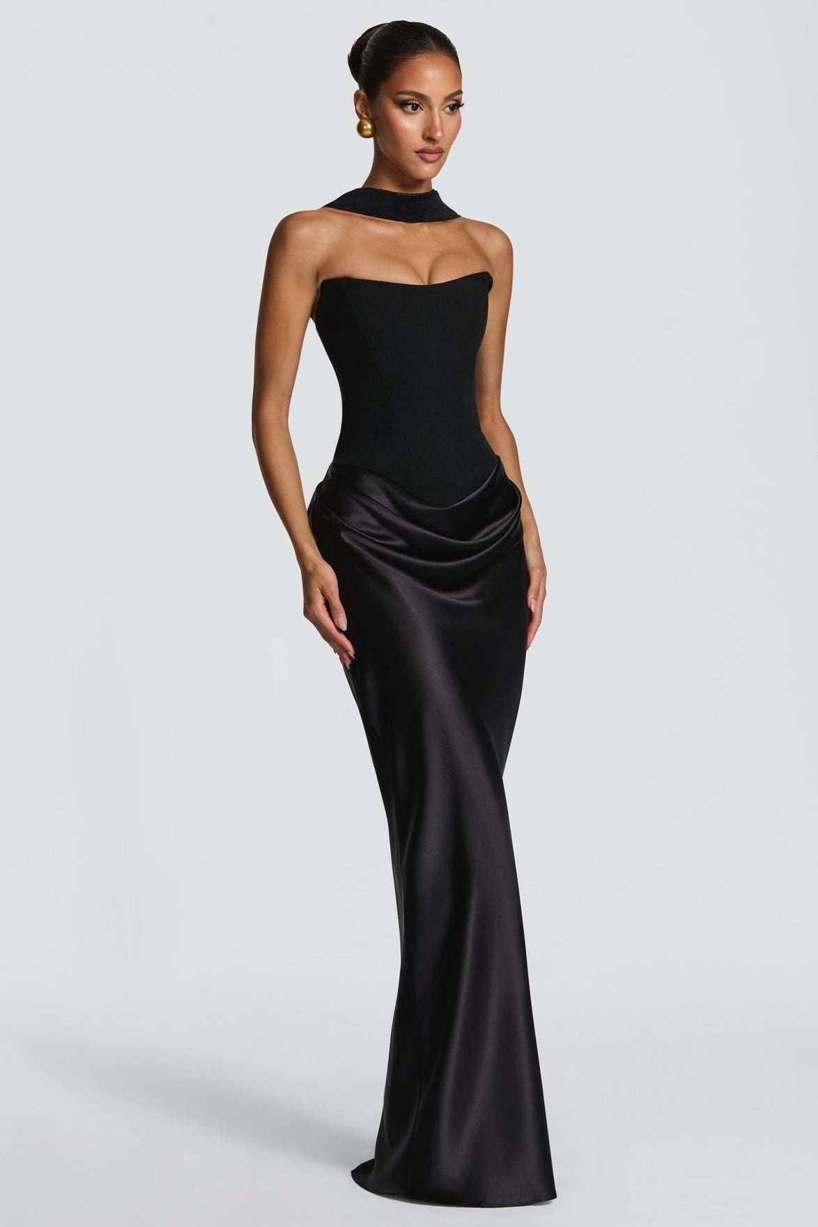 Vestido longo acetinado preto Margaux VIEUX