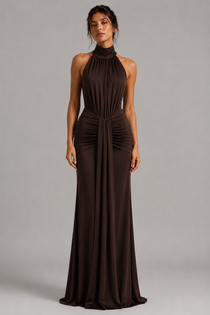 Vestido longo gola alta marrom Noémie VIEUX
