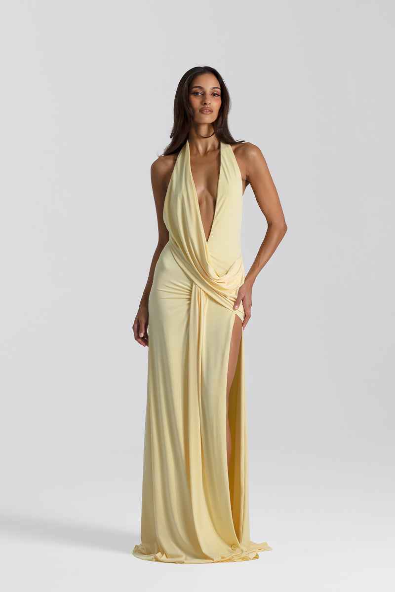 Vestido Longo de Festa Frente Única com Decote Profundo e Fenda – Solène