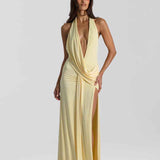 Vestido Longo de Festa Frente Única com Decote Profundo e Fenda – Solène