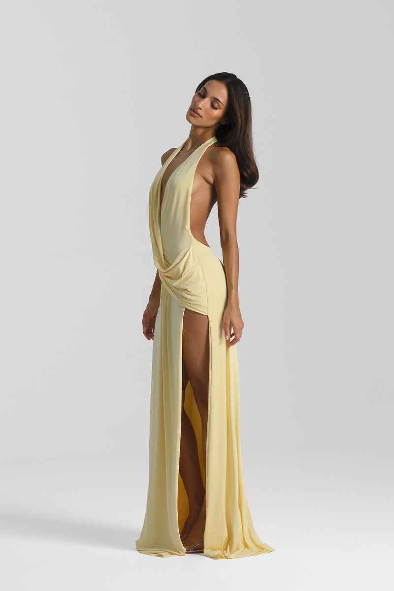 Vestido Longo de Festa Frente Única com Decote Profundo e Fenda – Solène