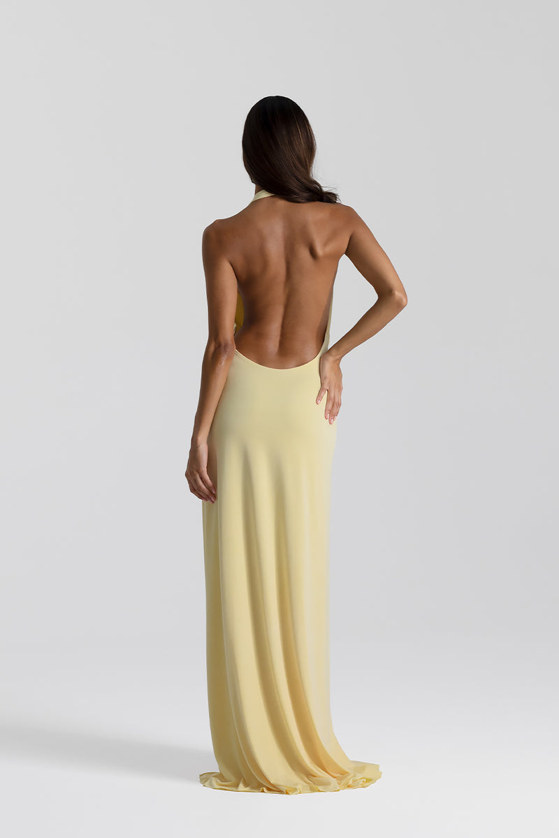Costas nuas vestido longo dourado Solène VIEUX