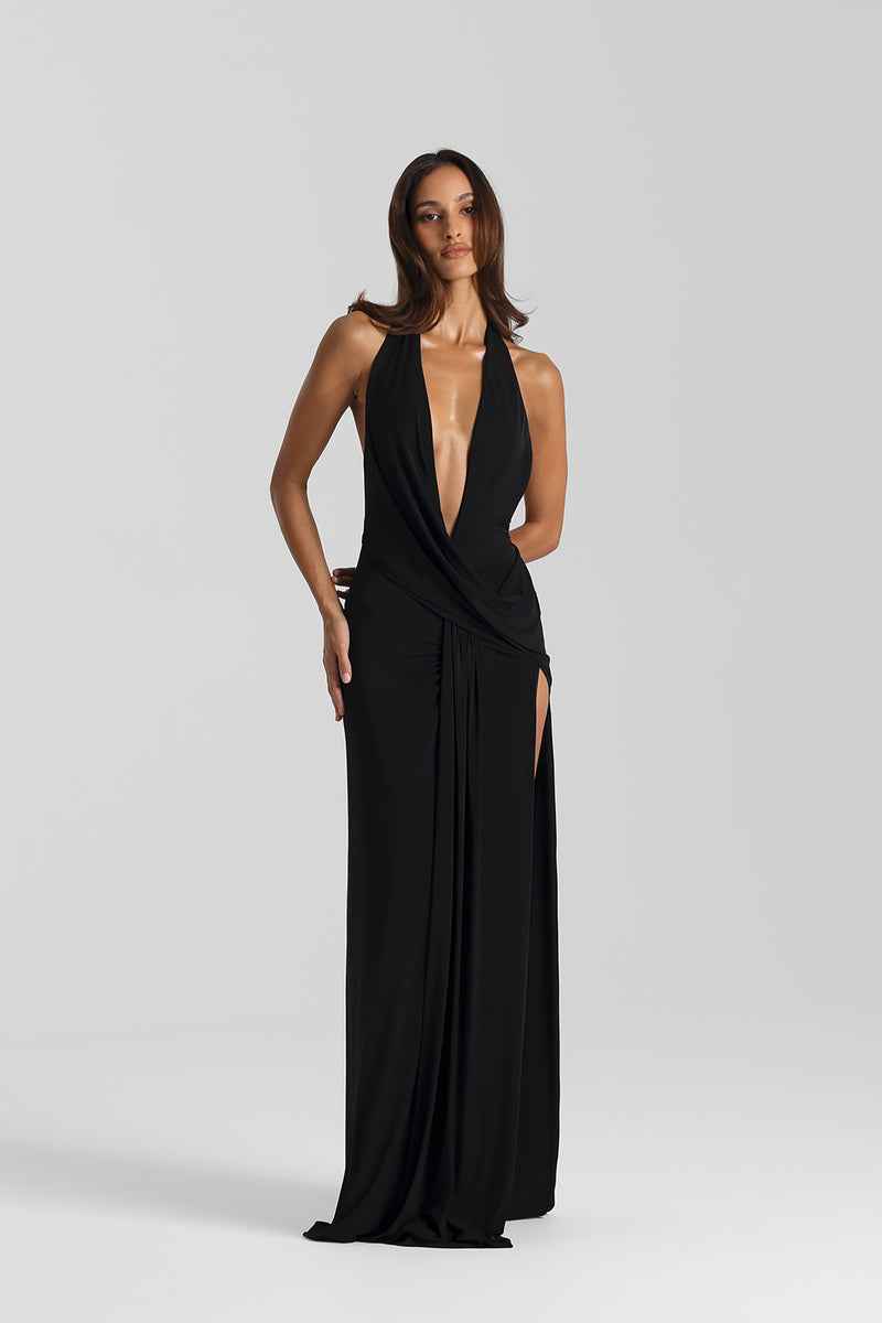 Vestido Longo de Festa Frente Única com Decote Profundo e Fenda – Solène