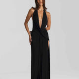Vestido Longo de Festa Frente Única com Decote Profundo e Fenda – Solène